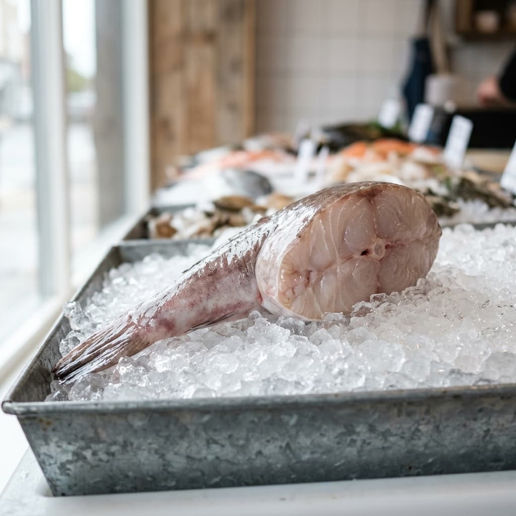 Une queue de baudroie crue sur un étal de poissonnerie, chair blanche et ferme