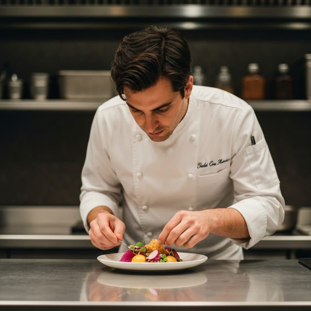 Un chef dresse une assiette équilibrée dans une cuisine professionnelle