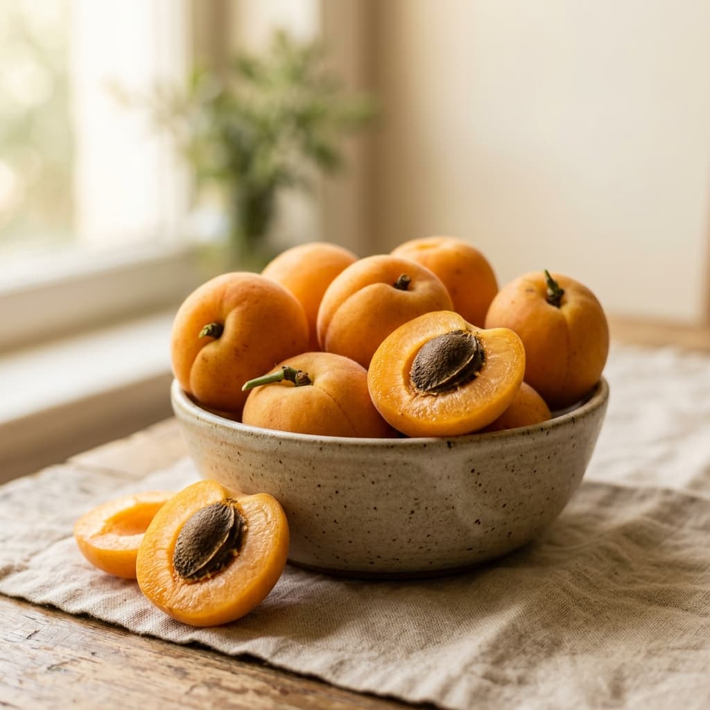 Des abricots frais entiers et coupés en deux dans une coupelle