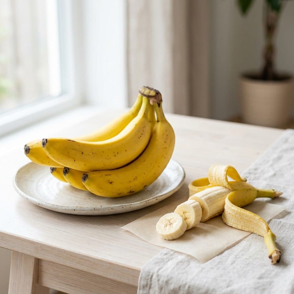 Bananes mûres posées sur une table claire, l'une épluchée