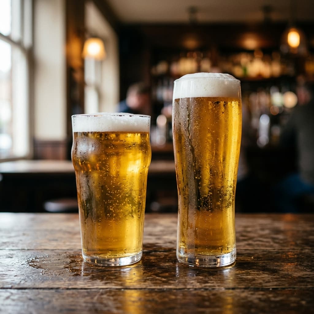 Un demi de bière blonde et une pinte posés sur une table en bois