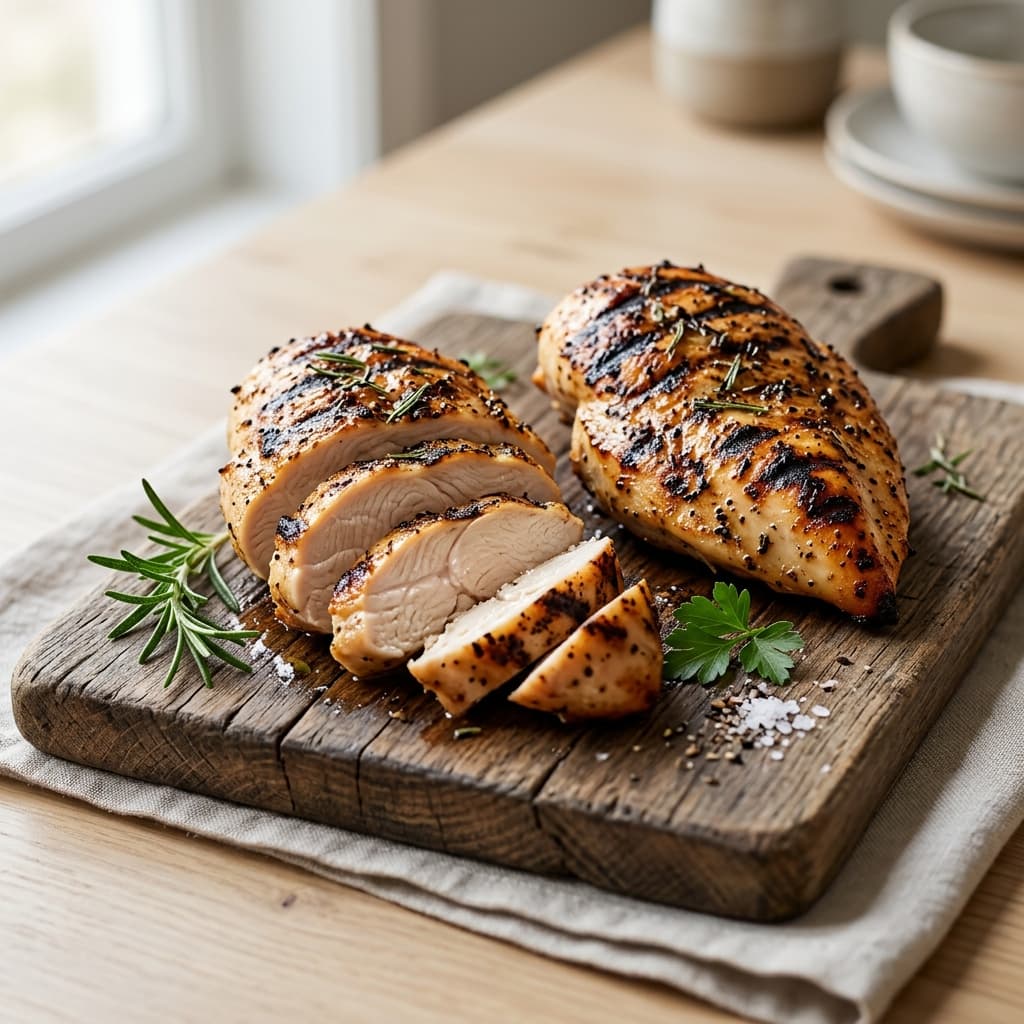 Deux blancs de poulet grillés sur une planche, tranchés