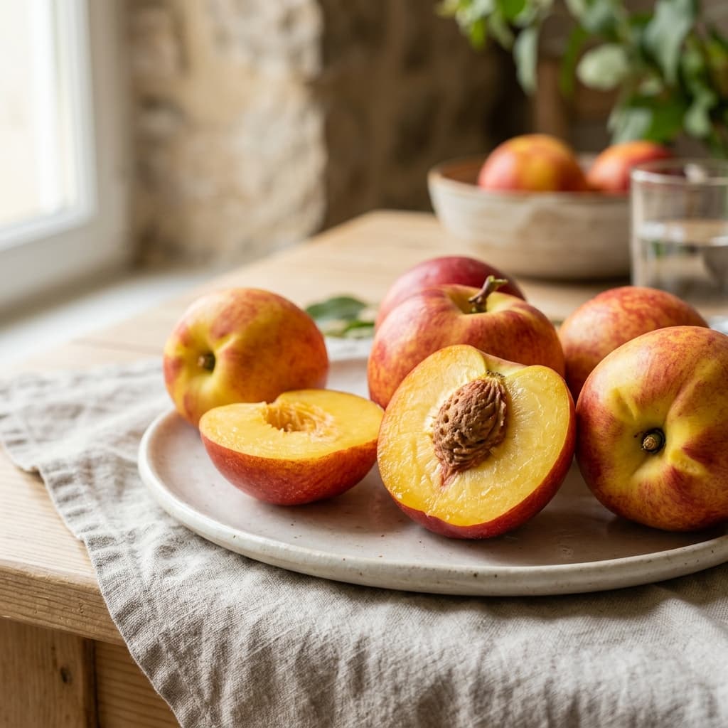 Des brugnons entiers et un fruit coupé en deux montrant le noyau