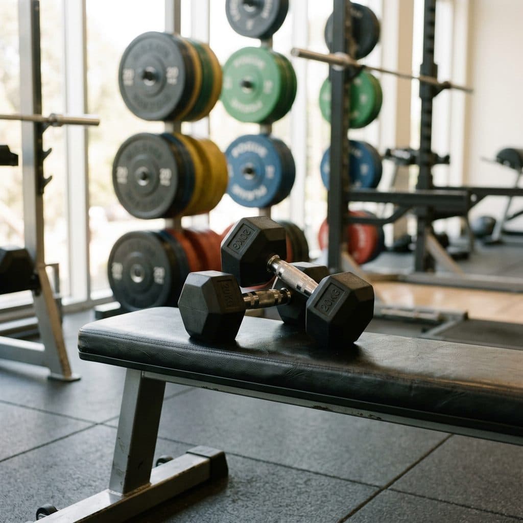 Haltères posés sur un banc dans une salle de musculation