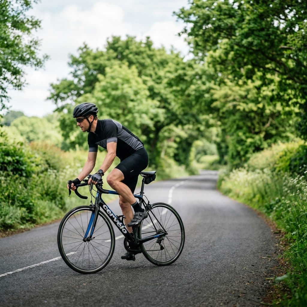 Cycliste pédalant sur une route bordée d'arbres