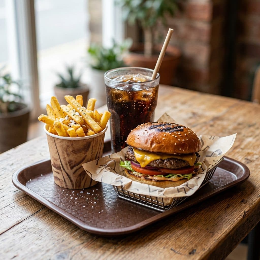 Burger avec frites et boisson sur un plateau de fast-food