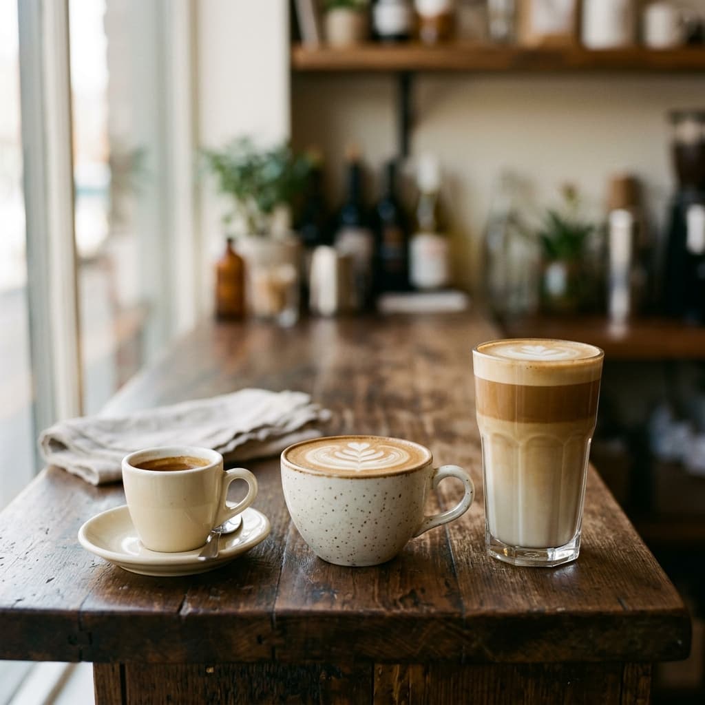 Un expresso, un cappuccino et un latte alignés sur un comptoir