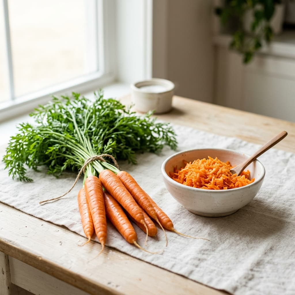 Des carottes fraîches avec leurs fanes et des carottes râpées dans un bol