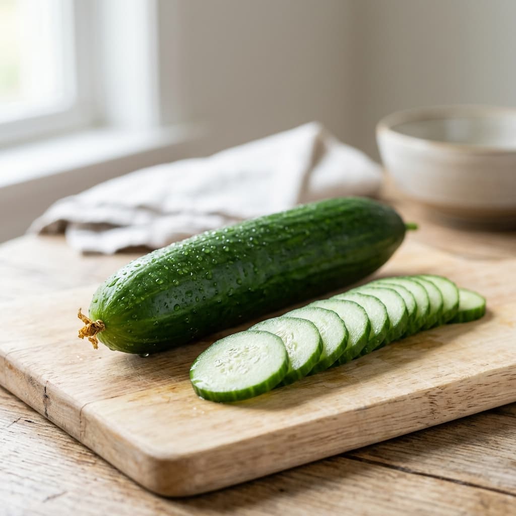 Un concombre entier et des rondelles sur une planche claire