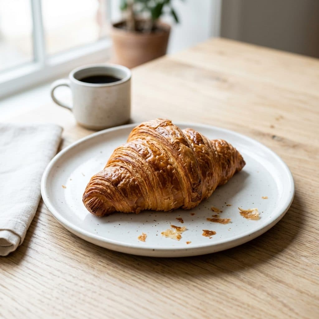 Un croissant au beurre doré sur une assiette blanche avec un café