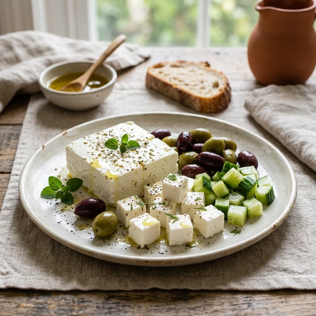 Un bloc de feta et des cubes de feta avec des olives et du concombre