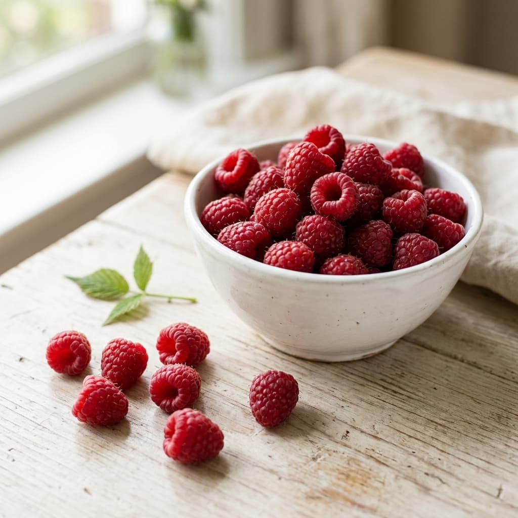 Des framboises fraîches dans une coupelle blanche