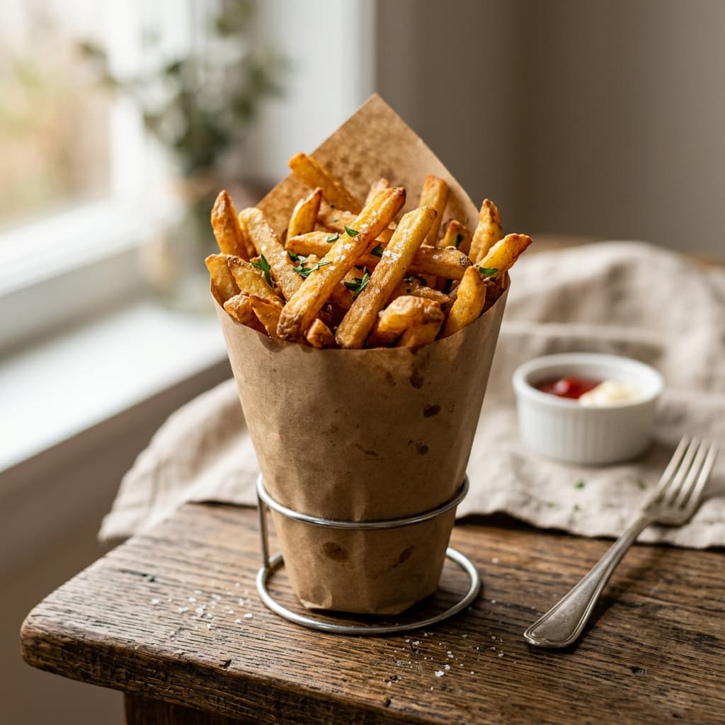 Des frites dorées dans un cornet en papier sur une table