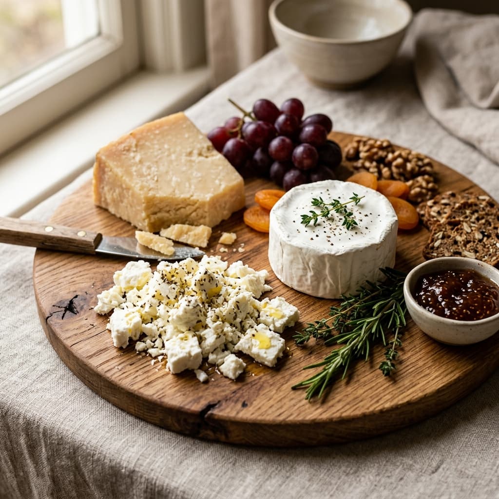 Un plateau de fromages variés, pâtes dures et pâtes molles
