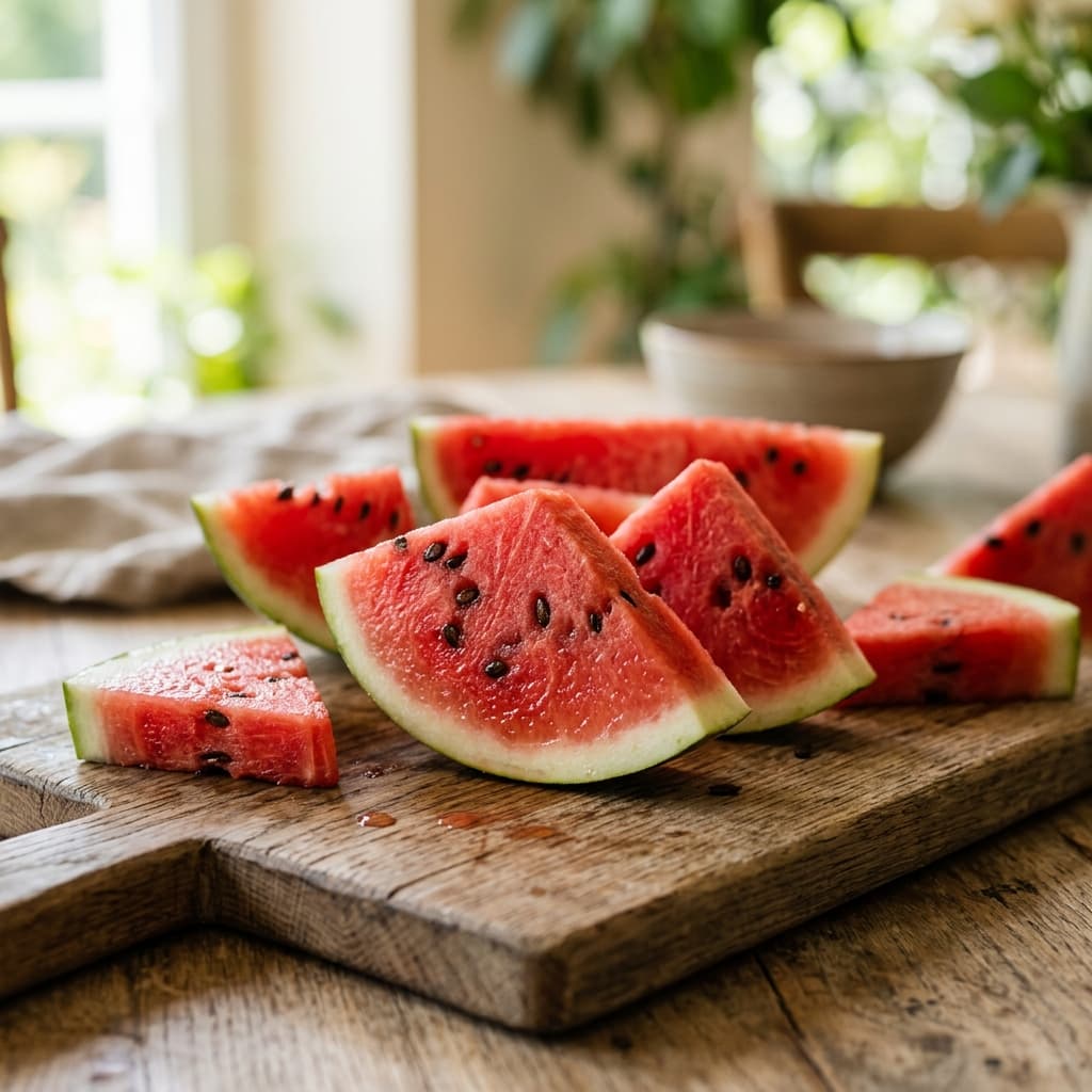Des tranches de pastèque coupées sur une planche en bois