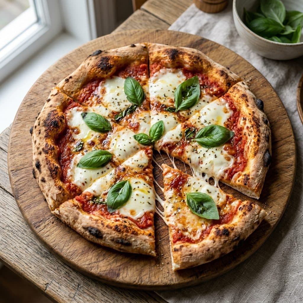 Pizza margherita entière sur une planche en bois, une part découpée