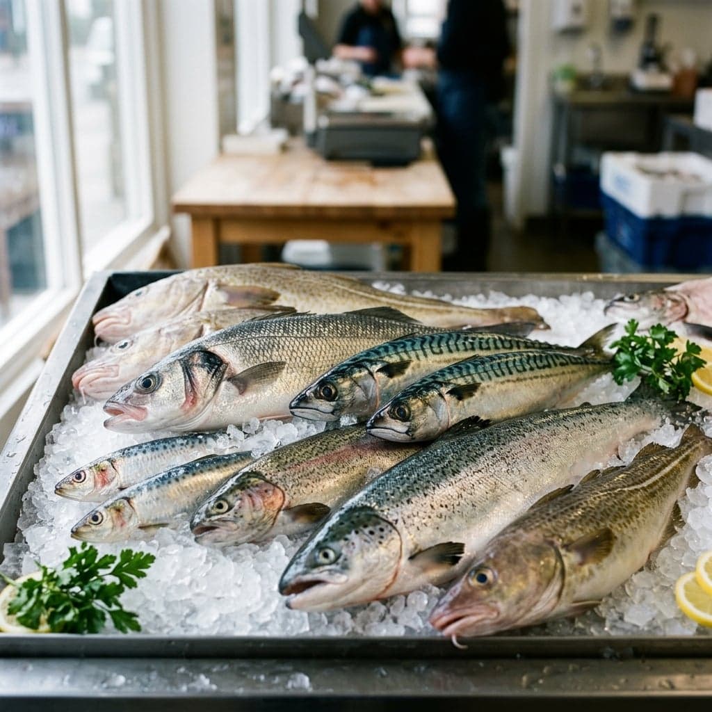 Plusieurs poissons frais sur un étal de poissonnerie, blancs et gras