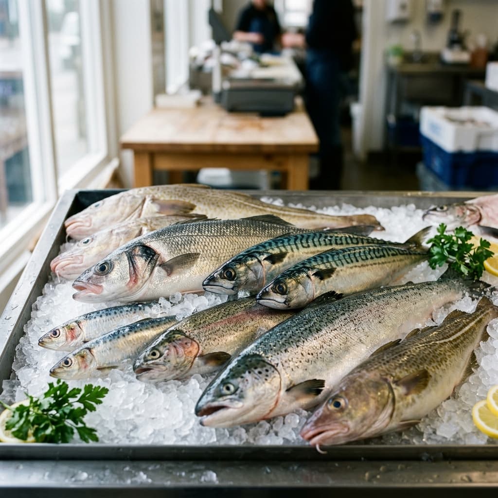 Plusieurs poissons frais sur un étal de poissonnerie, blancs et gras
