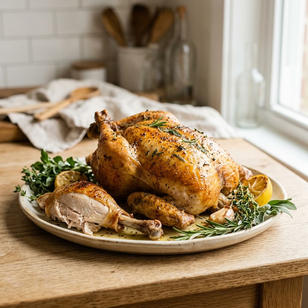 Un poulet rôti doré sur un plat, une cuisse découpée à côté