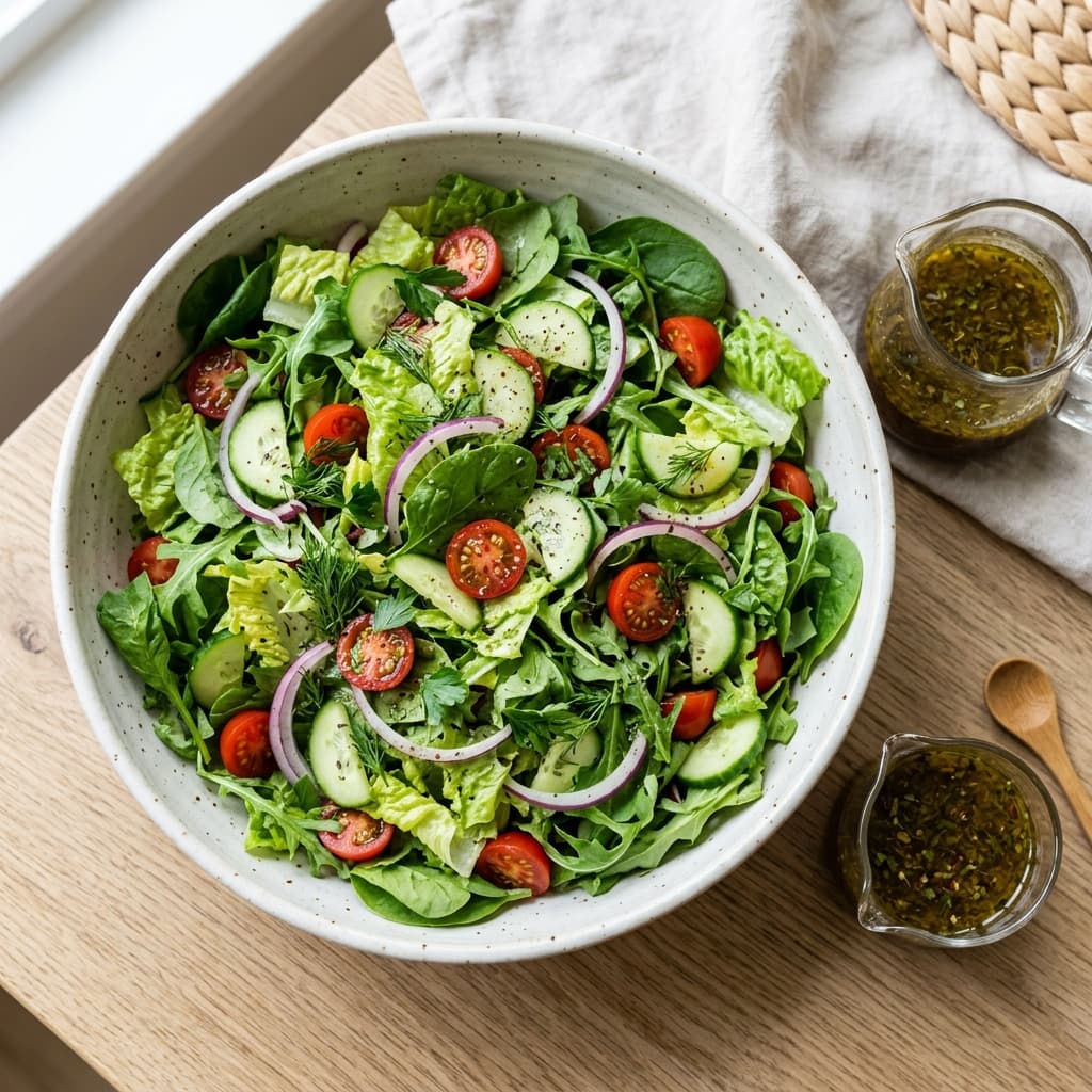 Un grand saladier de salade verte et une salade composée à côté