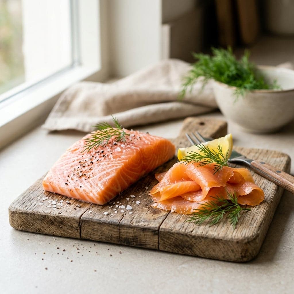Un pavé de saumon cru à côté de tranches de saumon fumé sur une planche