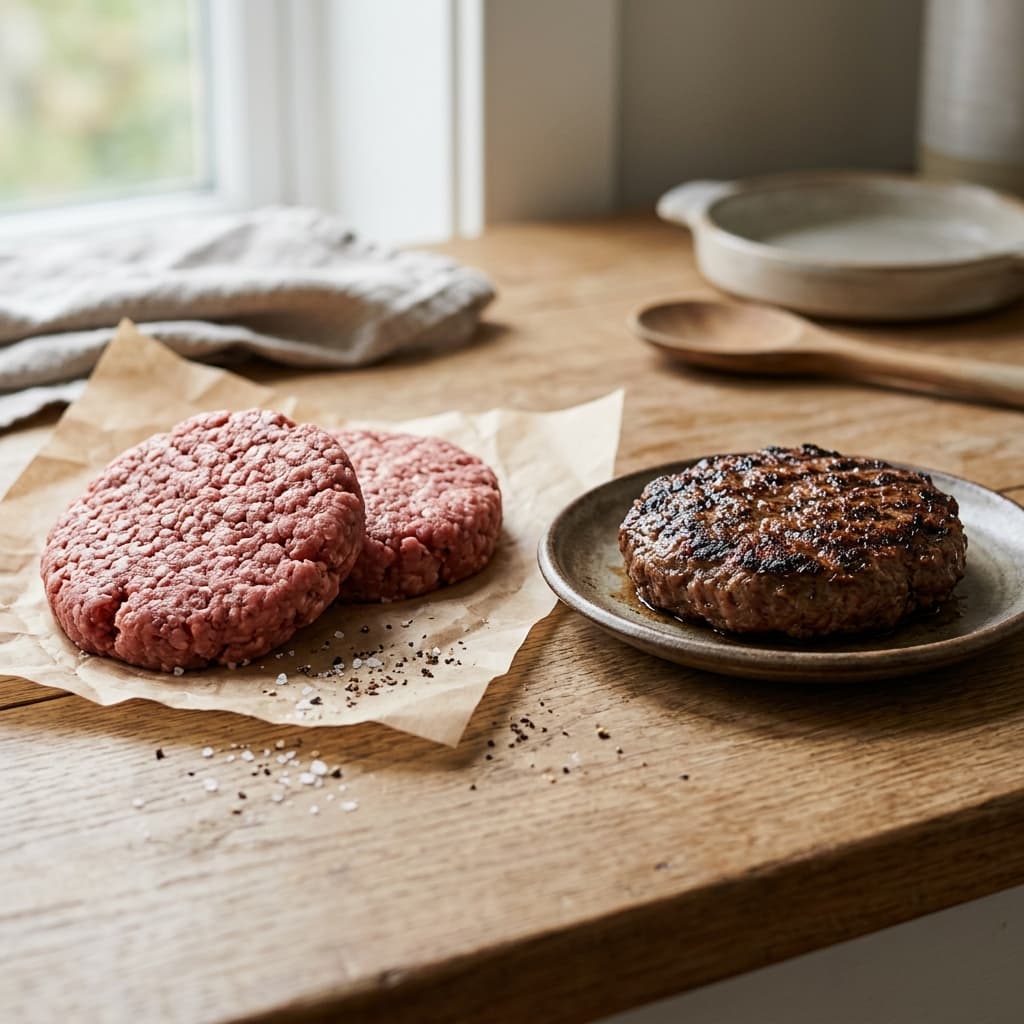 Deux steaks hachés crus sur du papier de boucher et un steak grillé à côté