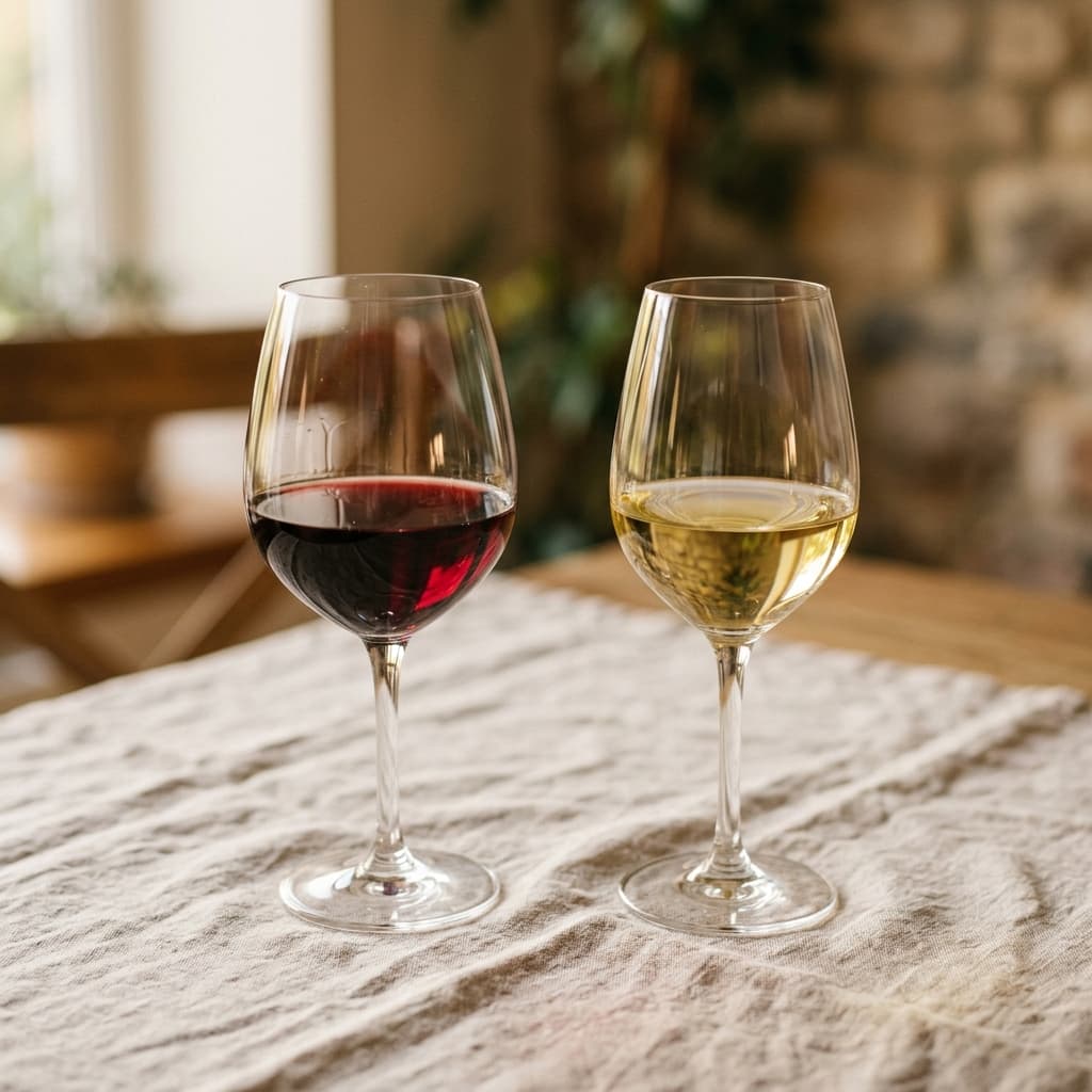Un verre de vin rouge et un verre de vin blanc sur une nappe claire