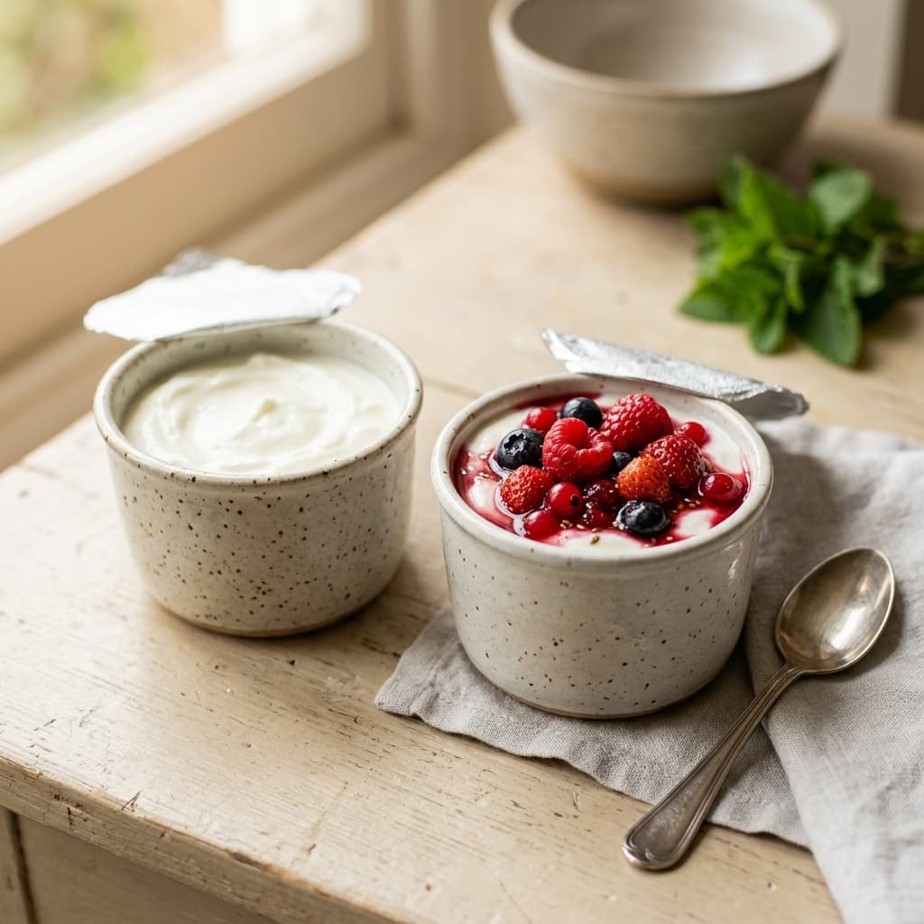Plusieurs pots de yaourt ouverts, nature et aux fruits, avec une cuillère