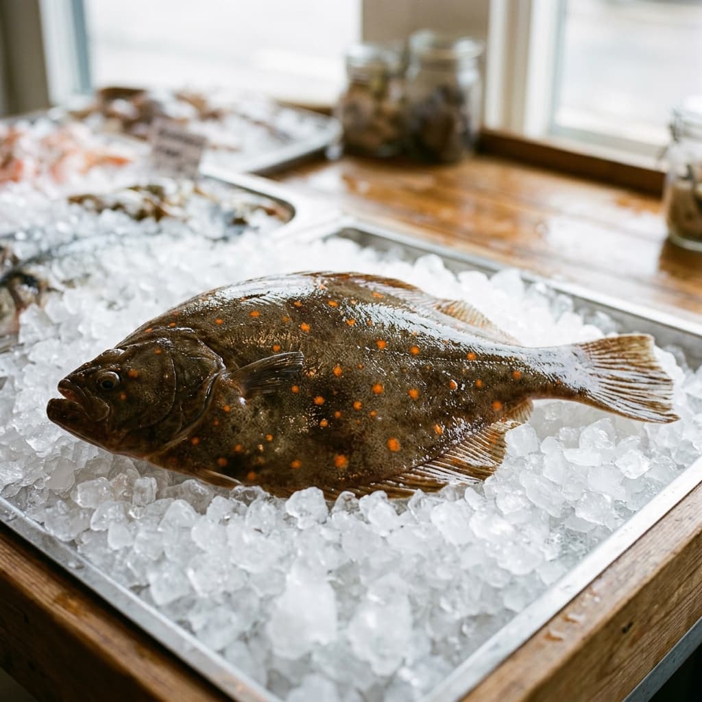 Un carrelet entier sur un lit de glace, peau brune tachetée d'orange