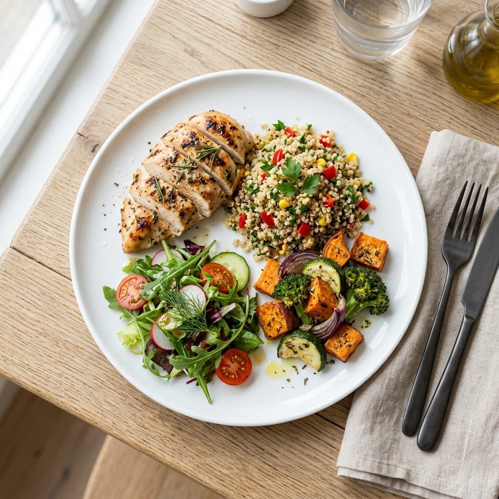 Assiette équilibrée composée de légumes, de féculents et de protéines