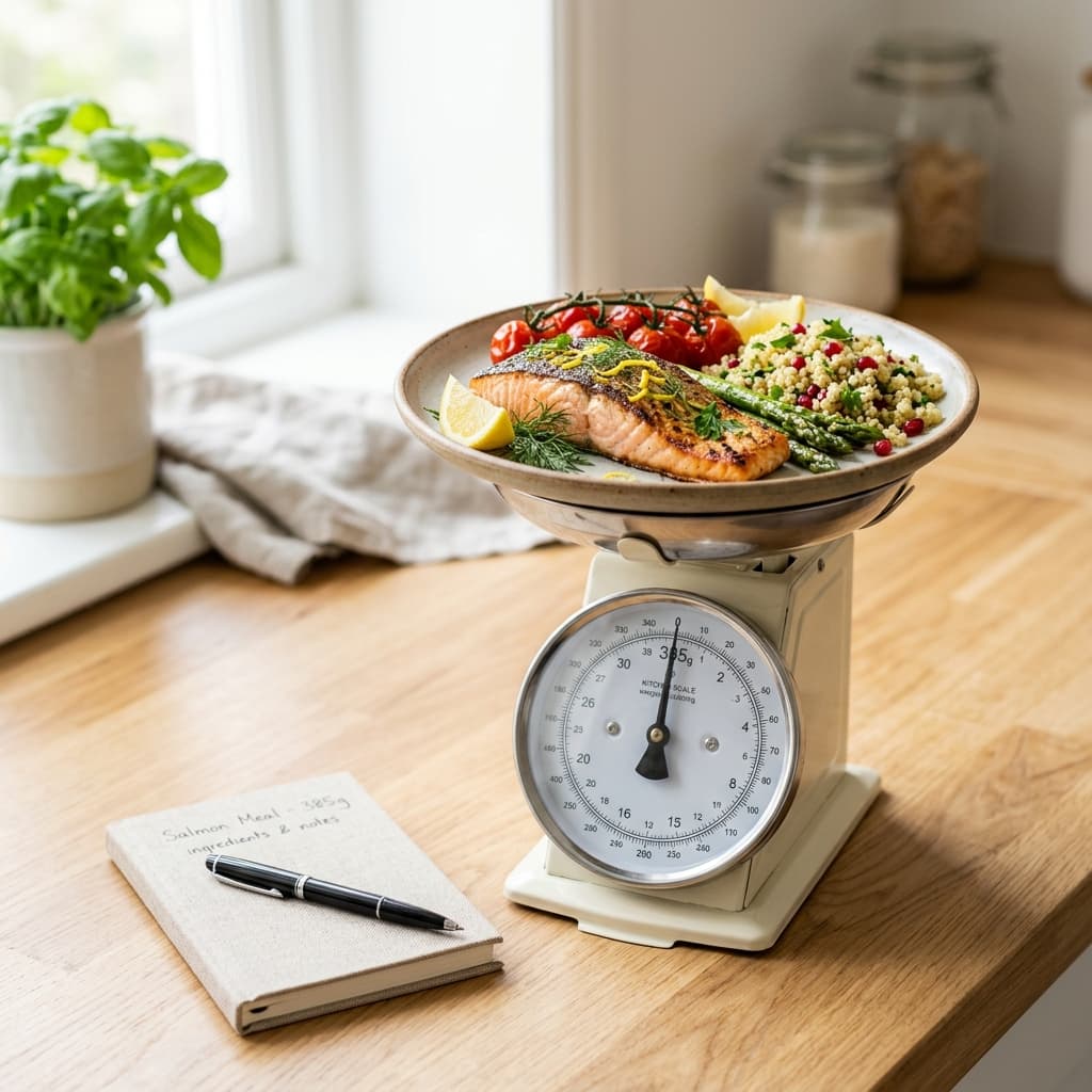 Une balance de cuisine, un carnet et une assiette préparée sur un plan de travail