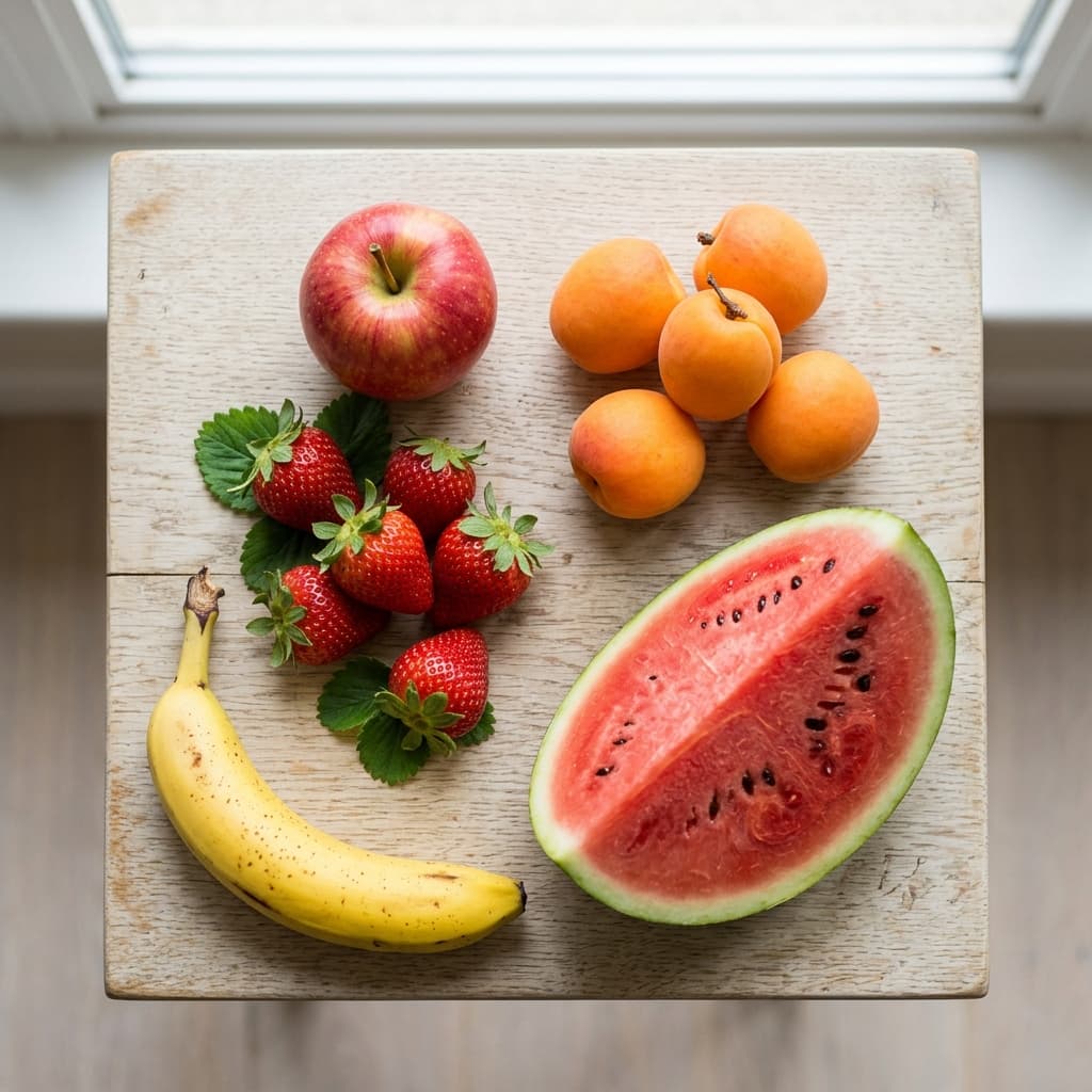 Un assortiment de fruits frais variés disposés sur une table claire