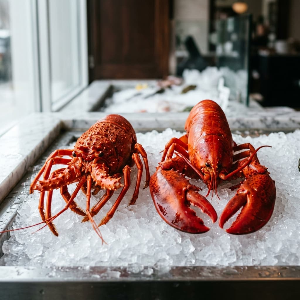 Une langouste et un homard posés côte à côte sur de la glace