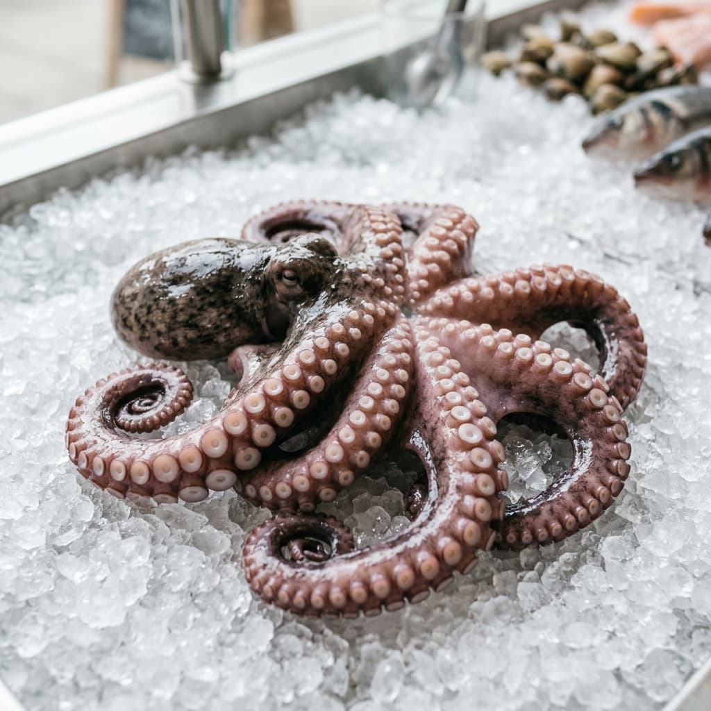 Un poulpe frais posé sur de la glace, tentacules visibles