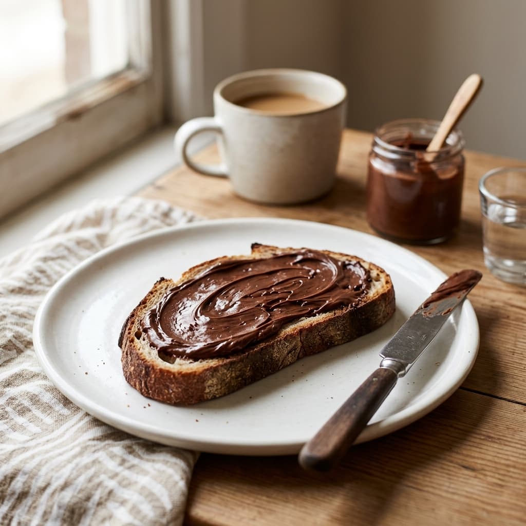 Une tartine de pâte à tartiner au chocolat et un couteau sur une assiette