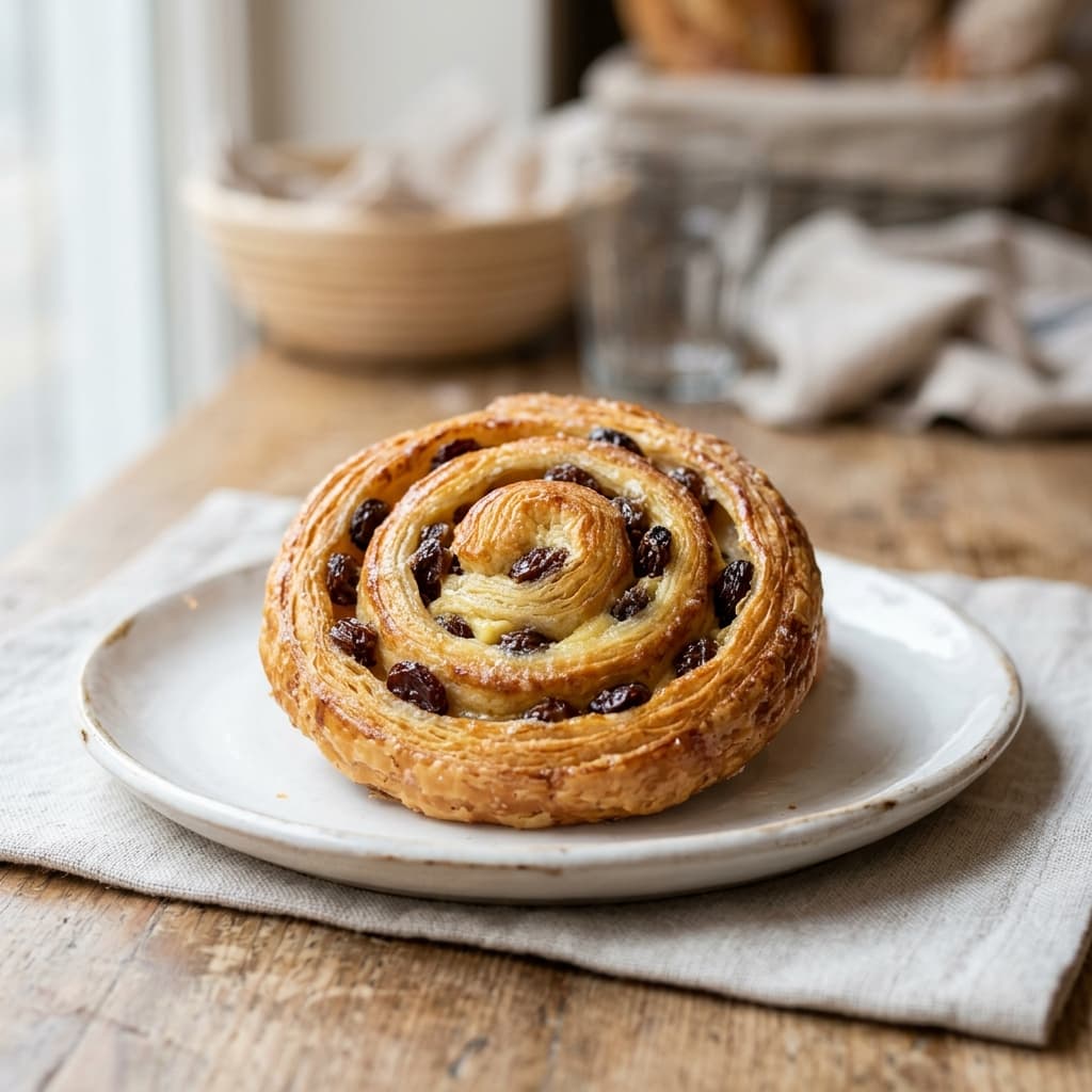 Un pain aux raisins doré sur une assiette, spirale de crème pâtissière visible